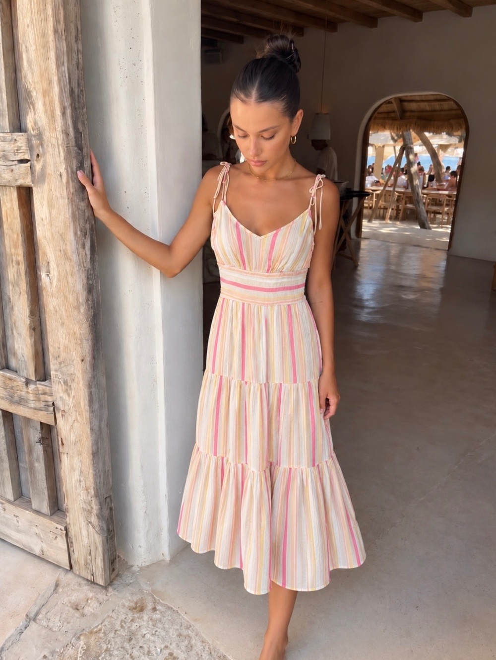 PAIGE Striped Tiered Midi Dress Pink Yellow Tie Strap Sundress Size Small
